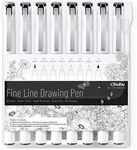 Ohuhu Fineliner Drawing Pens: 8 Sizes Fineliner Pens Pigment Black Ink Micro Pens Assorted Point Sizes Waterproof for Writing Drawing Journaling Sketching Anime Manga Watercolor Artists Beginners