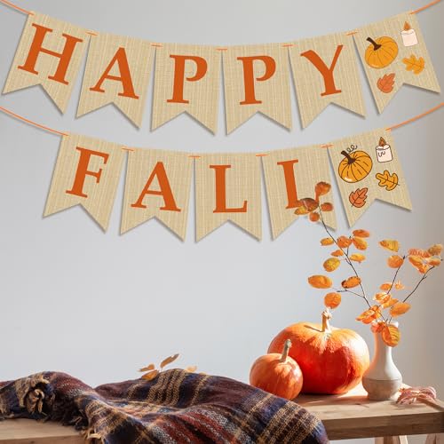 Image of OHOME Fall Decorations for Home - Happy Autumn Pumpkin Banner for Indoor Outdoor | Maple Leaves Garland Backdrop for Outside - Hanging Party Favors Supplies for Birthday | Fall Decor