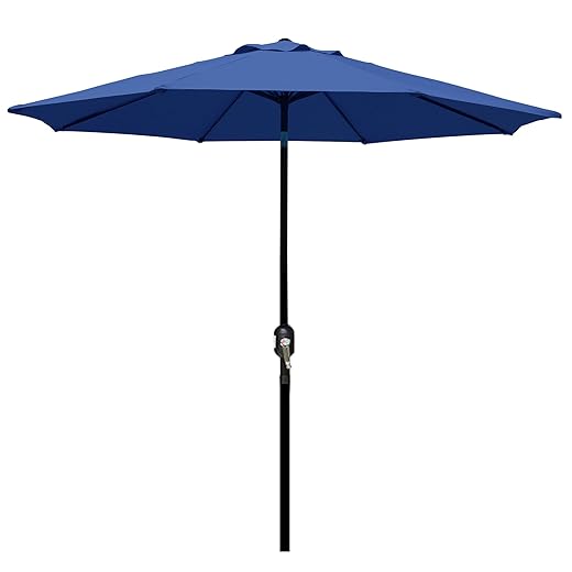 Blissun 9' Outdoor Patio Umbrella, Striped Market Umbrella with Push Button Tilt and Crank (Navy Blue)