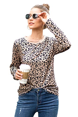 Coffee Casual Cute Shirts Leopard Print Tops Basic Long Sleeve Soft Blouse