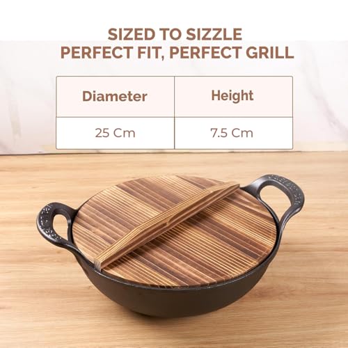 Image of HomeEssentials Cast Iron Kadai with Wooden Lid | Pre Seasoned Iron Kadai with Handles and Flat Base | Iron Wok for Cooking | Uncoated Kadai for Electric Induction (25cm)