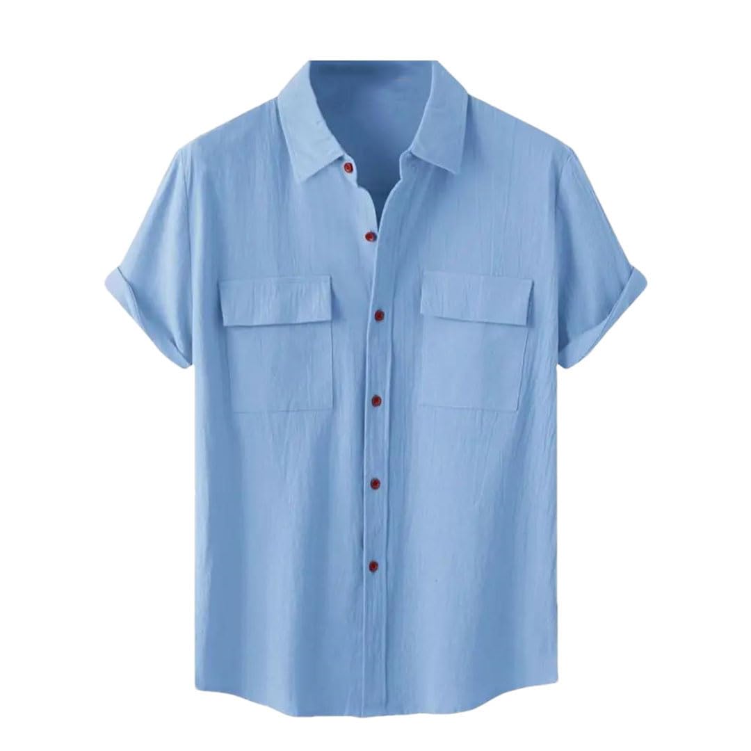 Generic Camisas Lisas De Lino Y Algodón para Hombre, Camisa Informal Transpirable De Manga Corta con Dos Bolsillos, para Negocios Y Vacaciones, Verano