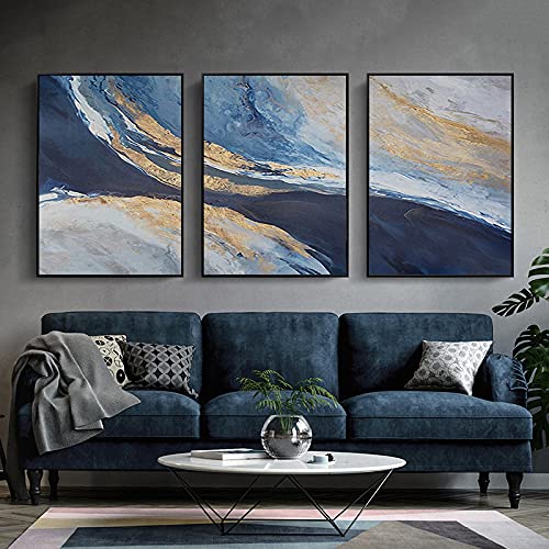 Peinture toile paysage abstrait doré bleu KEBIA 50x70cm pour salon