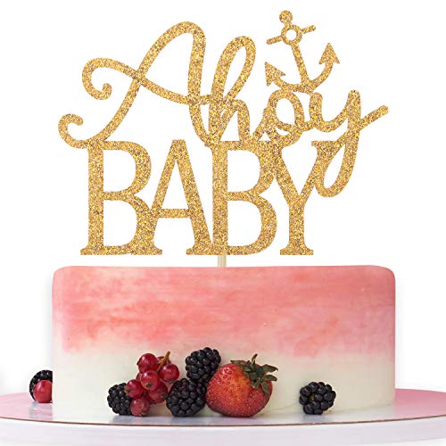 Ahoy Baby Cake Topper, Nautical Ocean Themed Baby Shower Gender Reveal Party Decorations, Baby's First Birthday Party Decorations Gold Glitter. #TOP13