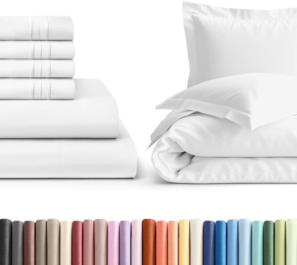 6 Piece White King Bed Sheet Set with Duvet Cover - 8 to 16 inch Deep Pockets - 1 Flat, 1 Fitted Sheet & 4 Pillowcases - Oeko-TEX - Ultra Soft, Breathable & Wrinkle Free - Hotel Quality Luxury Bedding