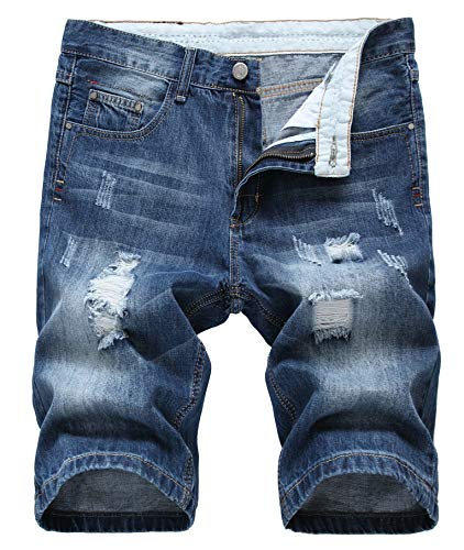 Grimgrow Mens Denim Shorts, Fashion 5 Pocket Casual Ripped Distressed Slim Fit Short Jeans Pants Blue 34