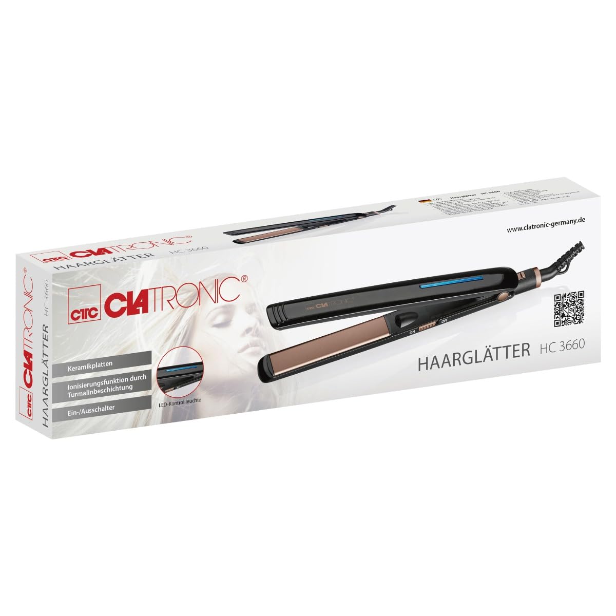 Clatronic HC 3660 prostownica do włosów, płytki ceramiczne, funkcja jonizacji dzięki powłoce turmalinowej, lampka kontrolna LED