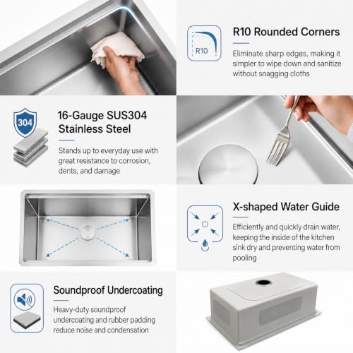 Image of LQS 23 Inch Undermount Kitchen Sink, 16 Gauge Stainless Steel Undermount Kitchen Sink, 10 inch Smart Workstation Ledge With Abundant Accessories, R10 Corner and X-Shaped Drain Line