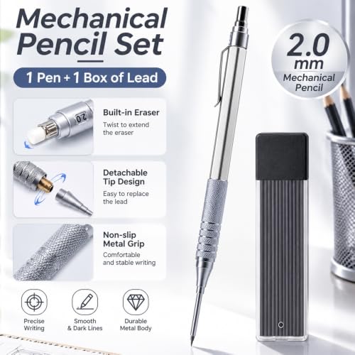 JOMPENS Carpenter Pencil, Metal Mechanical Deep Hole Marker with Built-In Eraser, 2.0mm HB Strong Lead and 9 Refills, 42mm Long Nib with Metal Mesh Grip for Woodworking Construction and Architects - Image 7