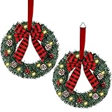Zcaukya 14' Pre-lit Christmas Wreath, 2 Pack 10 LEDs Lighted Xmas Wreath Adorned with Buffalo Check Bowknot Pinecones Red Berries, Artificial Front Door Wreath with Ribbon for Hanging
