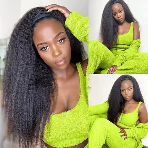 Image of Kinky Straight Headband Wig Human Hair 24 Inch Headband Wigs for Black Women Glueless None Lace Front Yaki Straight Human Hair Headband Wig Brazilian Virgin Hair Wigs Natural Black 200% Density