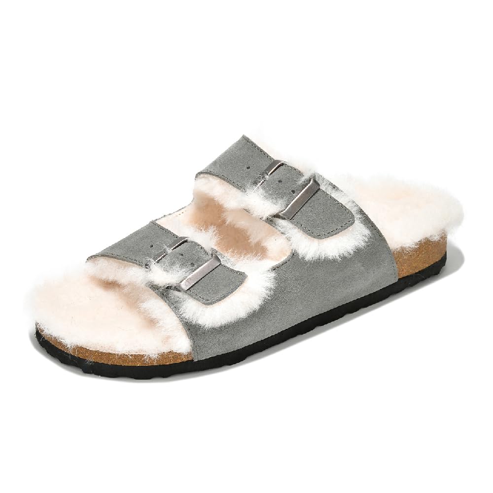 Project Cloud Genuine Suede House Slippers for Women - Cozy Womens Sandals Shearling Fur Lining Slides - Adjustable Straps Sandals for Women 2025 (Dianea)