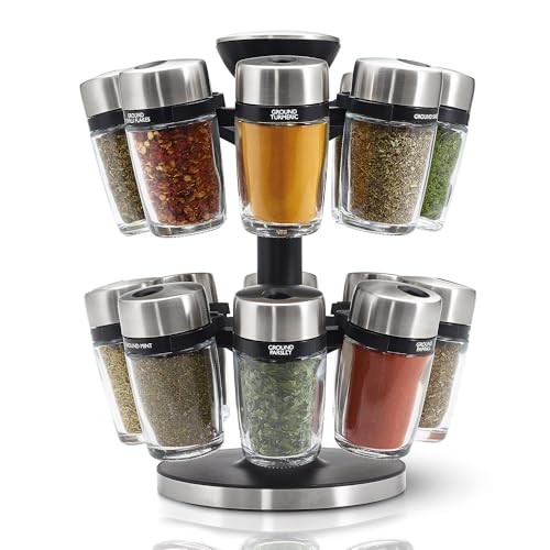 Cole & Mason Cambridge Carrousel à Épices et Herbes, Porte-épices en Pots de Verre 16, Rotatif 360°, Rangement épices, Pots à épices, Acier inoxydable/Verre,...