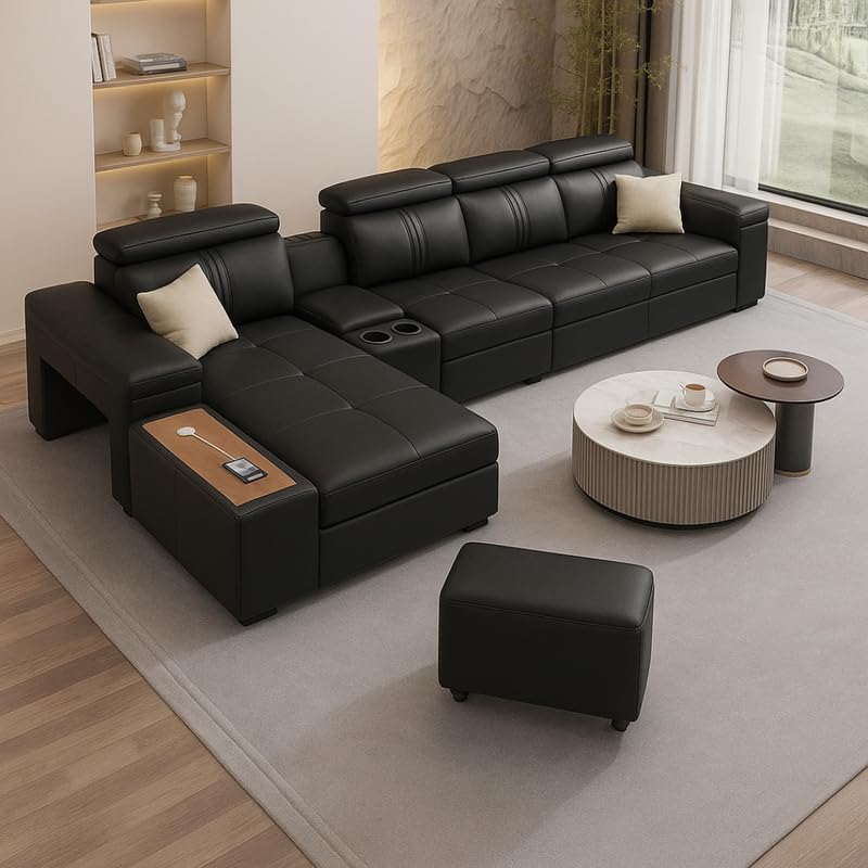 Image of Homax. Nimra Smart L-Shape 7-Seater Sectional Sofa Set with Console, Cup Holders, Charging Station & 2 Ottomans - Premium Leatherette Finish - Black Color Orientation RHS