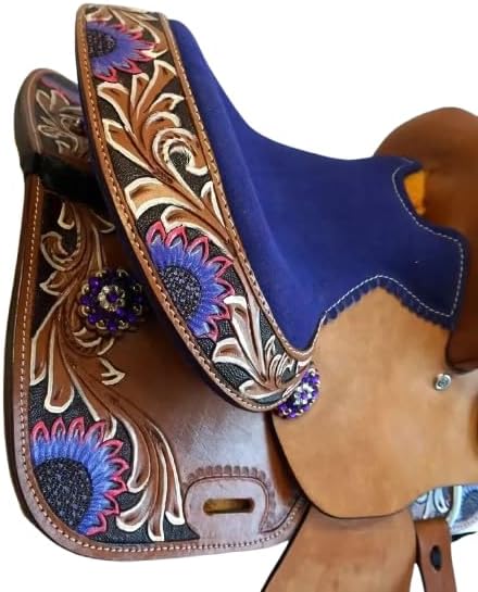 Leather Barrel Racing Western Horse Saddle Handmade Premium Custom Cowboy Cowgirl Pleasure Comfort Trail Tack Equestrian Tooled Carved Pony-Adult Saddle for Riding Size: 10-18 inch Seat, MO-05