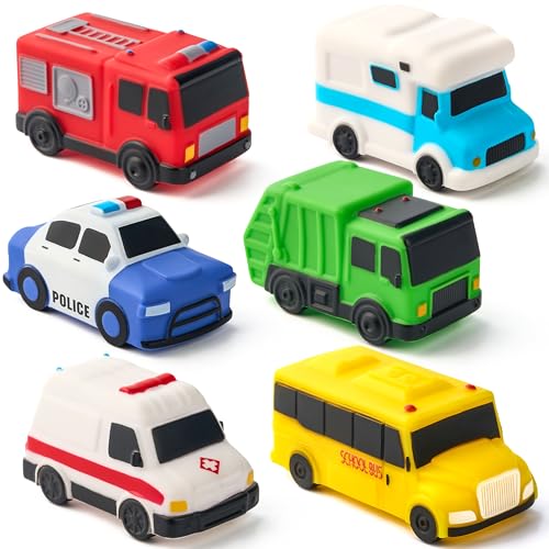 JOYIN 6 Pcs Car Bath Toys Sealed & No-Hole & Mold Free Bathtub Toys for Kids Non-Toxic & Soft Water Vehicles Toys Squeezable & Float on Water Bath & Pool Play for Boys and Girls
