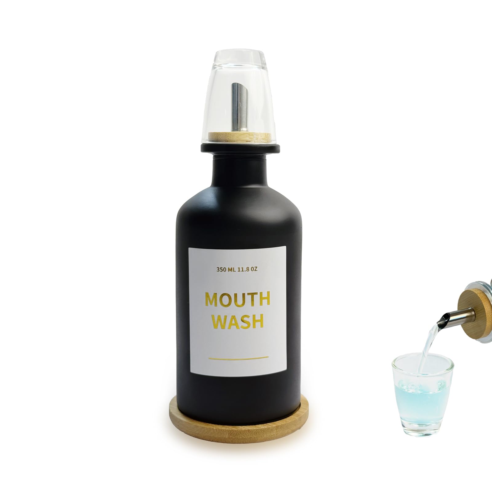 Hniuyun 11.8 oz Glass Mouthwash Dispenser for Bathroom with Bamboo Tray & Steel Nozzle - Reusable Cup, Gold Accents, Countertop Decor