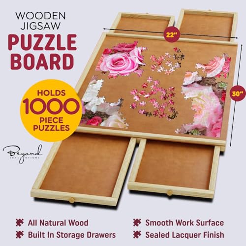 1000 Piece Wooden Jigsaw Puzzle Table - 4 Drawers, Rotating Puzzle Board | 30” X 22” Jigsaw Puzzle Board | Puzzles Cover Included - Portable Puzzle Tables for Adults and Kids by Beyond Innoventions