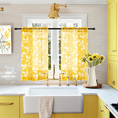 Image of XTMYI Yellow Cafe Kitchen Curtains 36 Inch Length,Floral Sunflower Decor Tier Curtains Sets for Windows,Bright Lemon Yellow and White