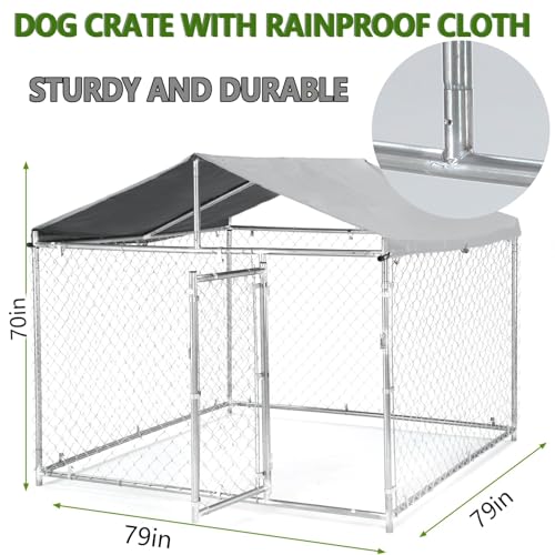 79 Inch Outdoor Dog Kennel for Large Dog, Heavy Duty Galvanized Steel Chain Link Dog Enclosure with Waterproof UV-Resistant Cover, Lockable Door Chain Link Playpen for Rabbits, Chicken(6.6‘ x 6.6’FT)