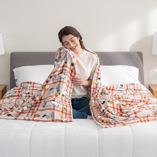 Image of Berkshire Blanket Peanuts VelvetLoft Cute Character Snoopy Plush Blanket,Snoopy and Woodstock Wood Holiday Plaid Medium Tan,Twin 60 in x 90 in (Official Peanuts Product)