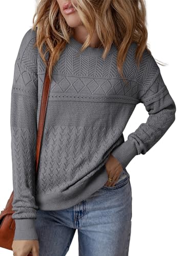 Image of SHEWIN Fall Sweaters for Women Casual Crewneck Long Sleeve Crochet Pullover Tops Sweater