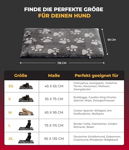 HS-Hundebett® Hundedecke XL (95x135 cm) – rutschfest und gemütlich Dank 3 cm Füllung – Perfekt fürs Sofa, Auto & Hundebox – Pfote Anthrazit, Made in DE
