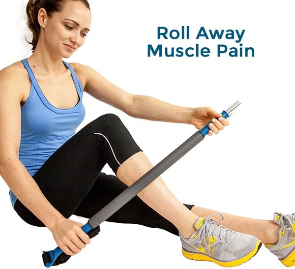Woman using the detached Teeter T3 Massager as a muscle roller stick on her leg.
