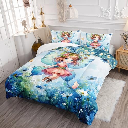 Image of AILONEN Beautiful Fairy Comforter Set Twin Size, Butterfly Fairy with Daisy Bedding Set for Kids,Girls,Watercolor Blue Duvet Set,3-Pieces, 1 Quilt and 2 Pillowcases,All Season,Soft