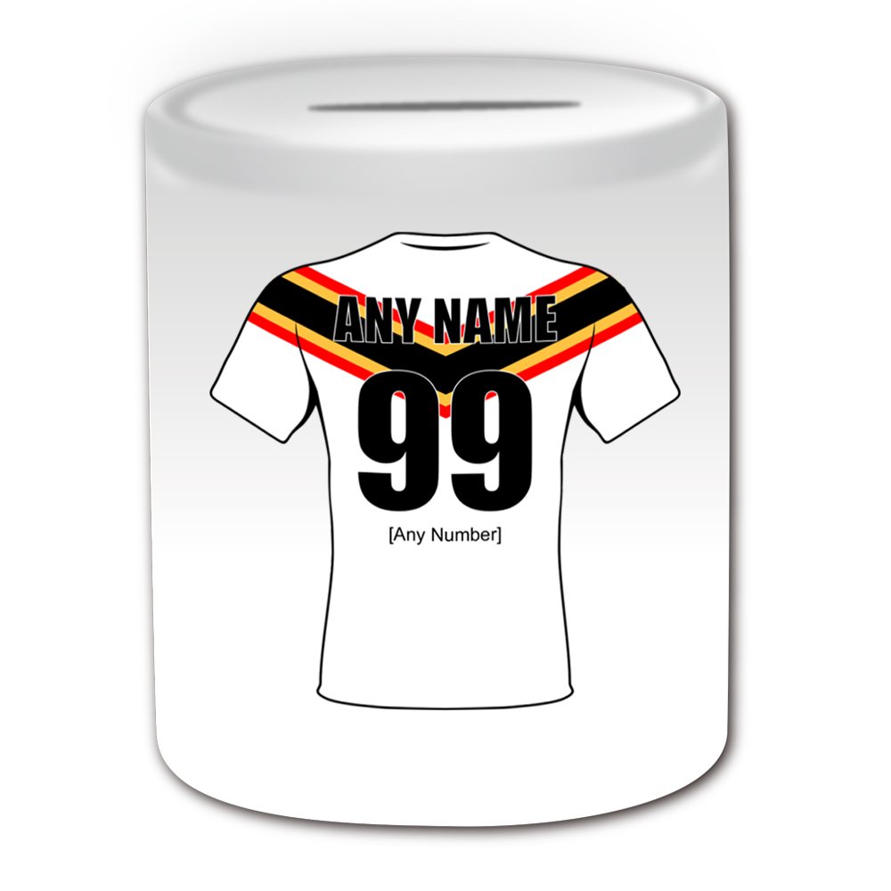 Personalised Gift - Bulls Money Box (Rugby League Design Theme, White) - Any Name/Message on Your Unique Piggy Bank Saving Jar Pot - Steam Pigs Bradford Club