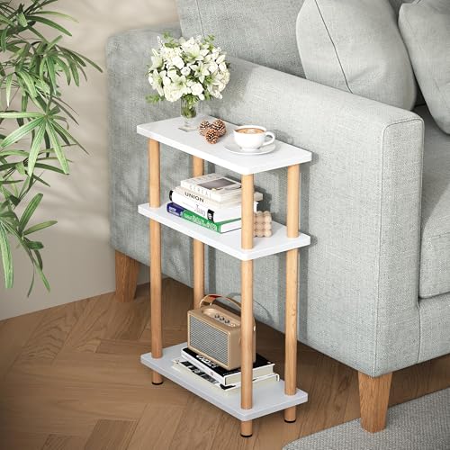 APICIZON Mesa Auxiliar de 3 Niveles, Mesa Auxiliar Sofa Estrecha, Mesita Auxiliar Salon de Estar con Almacenamiento, Ideal para Sala de Estar, balcón, Dormitorio y Estudio, Blanco