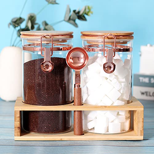 Set Of 2 Glass Coffee Container With Shelf And Spoon, Coffee Sugar Container Set With Bamboo Lids, Airtight Locking Clamp, Class Coffee Canister Holder For Ground Coffee (Rose Gold) #TOP4