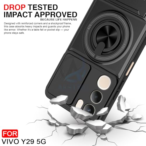 Image of AESTMO Vivo Y29 5G Back Cover | Armor Camera Slider 360 Degree Rotating Finger Ring Holder Case with Bracket Stand Back Case Cover (Compatible with MagSafe Accessories) (Black)