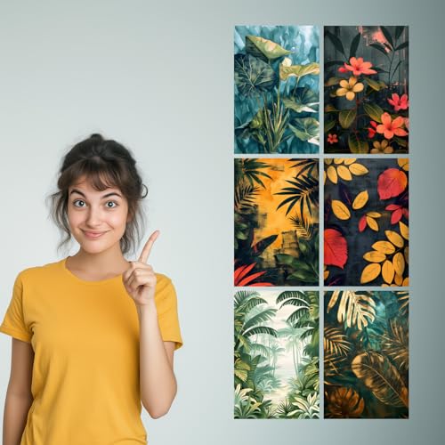 Image of SiddArtify Tropical Botanical Art Prints Set - Teal - Gold - Coral Leaves - Flowers - Sticker - 8x12 Inch - Pack of 6 Wall Room Decoration art Poster Prints