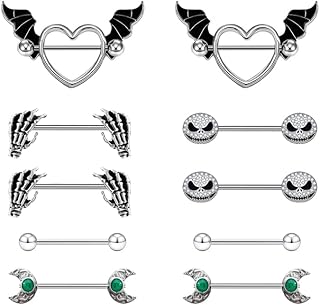 14G/16G 316L Devil Heart Nipple Rings Halloween Stainless Steel Skull Bat Nipple Barbells Body Pierced Jewelry for Women Men