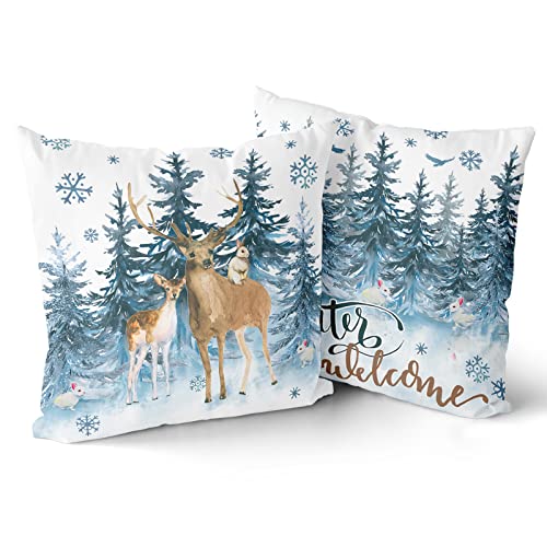 Forest Reindeer Snow Decorative Pillow Cover Set Of 2, Winter Wonderland Pillowcase Soft Breathable Cushion Pillow Cases Watercolor Deer Blue Snowflakes Decoration For Sofa Bedroom Car 18 X 18 Inch #TOP8