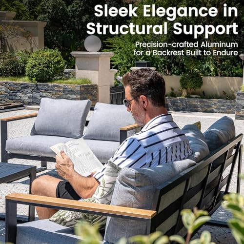 Image of Sundale Outdoor Aluminum Patio Furniture Set, 6 Piece Outdoor Conversation Sets with Coffee Table and 6 inch Thick Olefin Cushions, All Weather Outdoor Sectional Set for Deck, Lawn, Yard