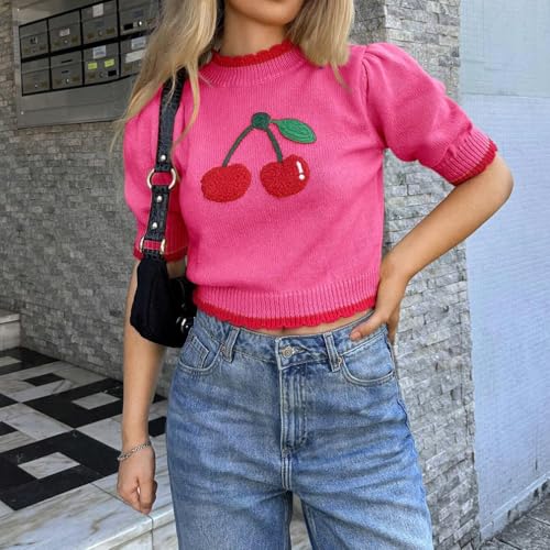 Women Cute Puff Short Sleeve Cherry Graphic Sweater Trendy Mock Neck Color Block Patterned Knit Cropped Tops Fall2