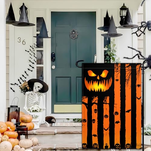 Halloween Garden Flag for Outside 12×18 Inch Double Sided Scary Pumpkin Garden Flag Skeleton American Flag for Indoor House Outdoor Yard Holiday Decor