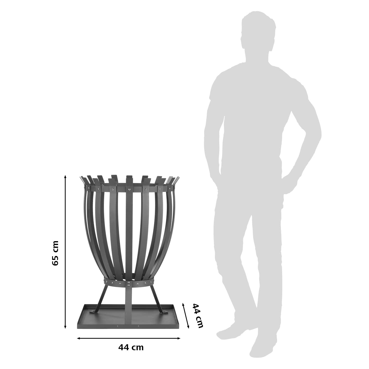 LANDMANN | Feuerkorb Steel Stripes für Garten | 360° Sicht auf das Feuer | Inklusive Bodenplatte für Aschefang und 3 verschraubten Beinen | Wetterfest | Stabil | Maße: ca. 44 x 44 x 65 cm