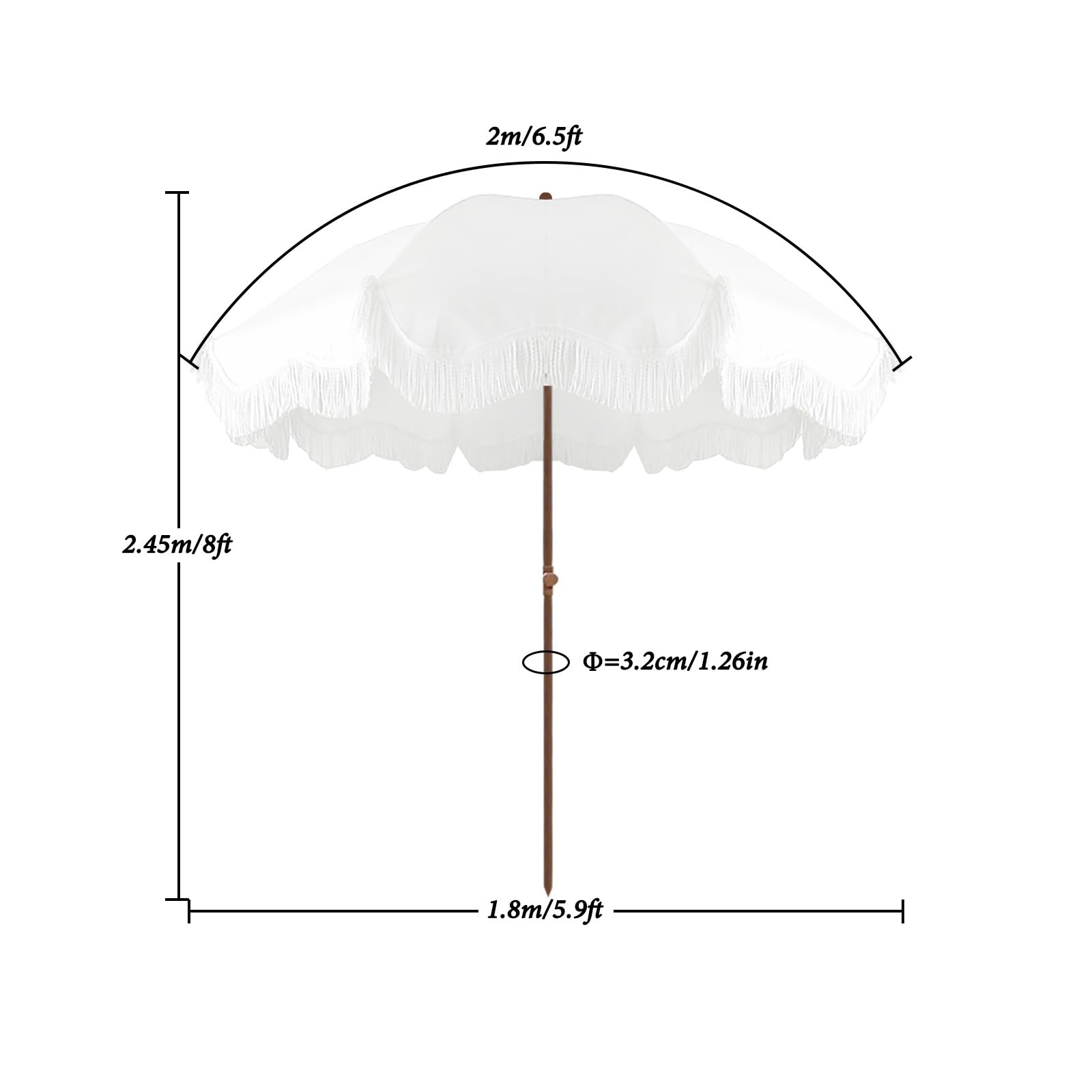 ELZEM 180cm Sombrilla Playa Antiviento Blanco Parasol Jardin Protección UV50+ Sombrilla Terraza Con Flecos Parasol Terraza Inclinable Para Terraza Jardin Piscina/Bolsa De Transporte 8 Varillas