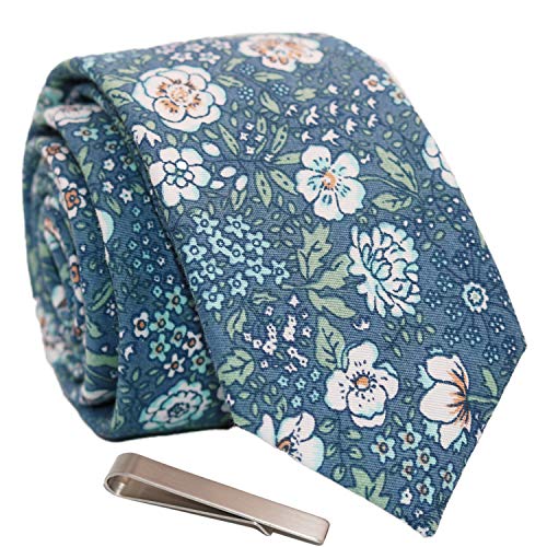 Image of Men's Skinny Tie Floral Cotton Necktie and Tie Bar Clip Sets, Great for Weddings,Groom,Groomsmen
