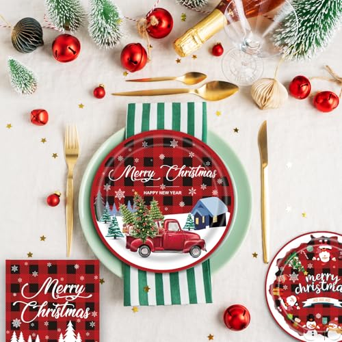Christmas 9 Inch & 7 Inch Party Plates and Napkins Set – Buffalo Plaid Red Truck Disposable Paper Dinner Plates Dessert Plates Napkins for Holiday Dinner Xmas Party Supplies Decorations, Serves 20 – Image 5