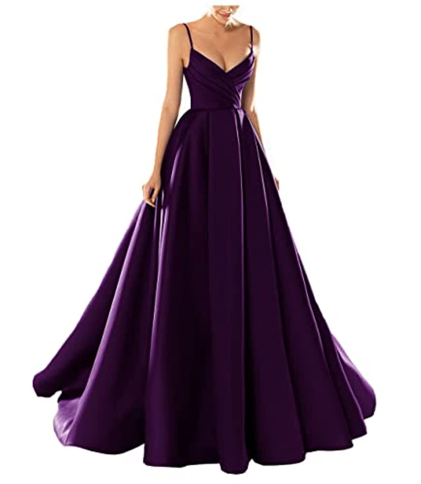 yhfshop Long Bridesmaid Evening Dress,Sexy V-Neck Spaghetti Strap Satin Evening Dress,Grape Purple,US16w,Prom Bridesmaid Long Dress