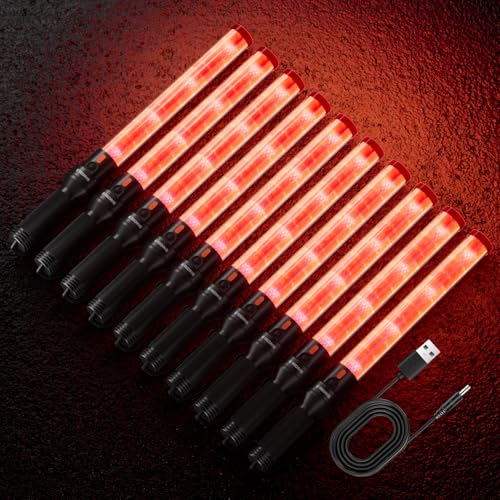 E-riding 10 Pack 16 Inch Rechargeable Traffic Wand, Red Traffic Control Baton with 2 Flashing Modes, LED Safety Light Wand, Air Marshaling Wand for Airport, Parking, Car Directing