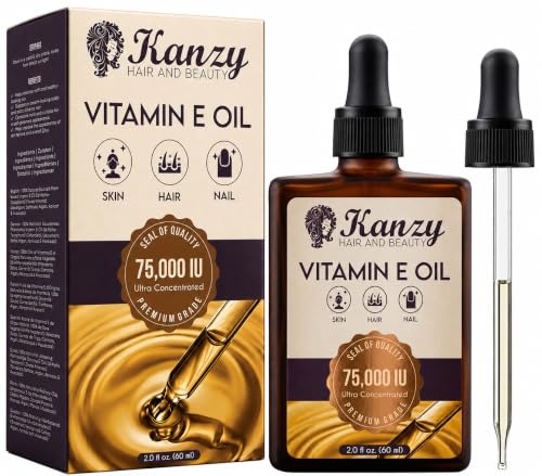 Kanzy Vitamin E Oil 75,000 IU (60ml) High Strength, Plant-Based d-Alpha-Tocopherol with Natural Oils, For Skin, Hair & Nails - Dilute Before Use