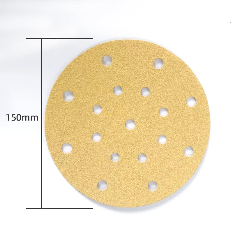 Carta vetrata dorata da 6 pollici, 17 fori, a secco, 150 mm, floccata, rotonda, for legno, stucco for auto, grana 80-500﻿(120 grit,50 pcs)