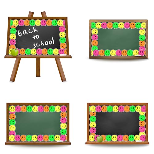 Image of Whaline 32.8ft Neon Happy Face Bulletin Board Border Bright Color Smile Face Die-Cut Border Trim for Back to School Chalkboard Wall Decoration