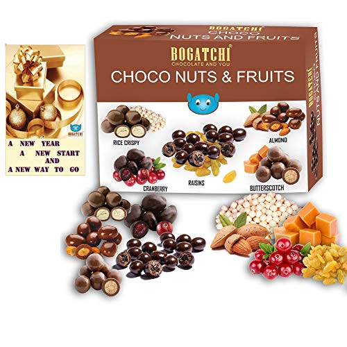 Image of BOGATCHI Chocolate Coated Assorted Nuts and Fruits, New Year Special Rich Dry Fruit Collection Gift , 100g + Free New Year Greeting Card