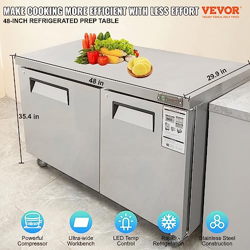 Image of VEVOR Commercial Refrigerator, 48 inch Worktop Undercounter Refrigerator, 12.85 Cu. Ft Thick Stainless Steel Refrigerated Food Prep Station, 2 Door Worktop Fridge with lock for Restaurant, Bar, Diner | 2 Door Food Prep Table, Stainless Steel Refrigerated Salad Prep with Lock, Adjustable Racks, for Restaurant Bar Diner
